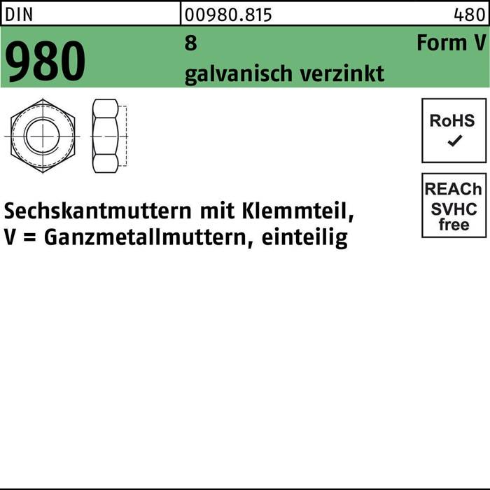 Eine verzinkte Sechskantmutter mit Klemmteil V, vollmetallisch; Modellnummer 980.815. Entspricht den RoHS- und REACH-Normen.