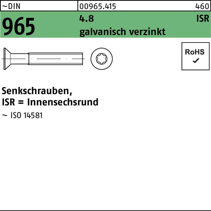 Das Bild zeigt eine Produktetikette für Schrauben. Es listet das Modell 965 auf, beschreibt sie als „Senkschrauben