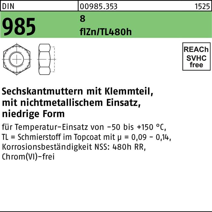 Sechskantmutter DIN 985 Klemmteil M10 8 zinklamellenbes. flZnnc 480h-L 500St.