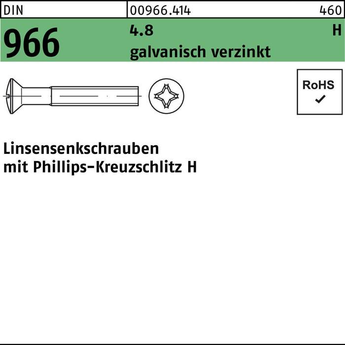 Schraubenproduktaufkleber: '966' Kreuzschlitzschraube, verzinkt. Artikelnummer: 00966.414, 4,8 x 460 mm. RoHS-konform.