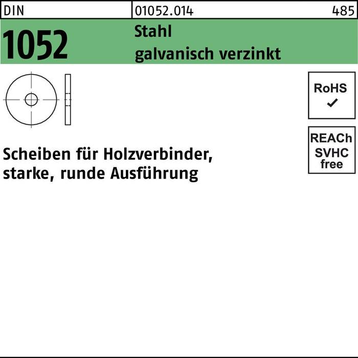 Eine technische Zeichnung einer Metalunterlegscheibe, beschriftet mit 'Schein für Holzverbinder, starke, runde Ausführung'. Zeigt Produktcodes und Zertifizierungen.