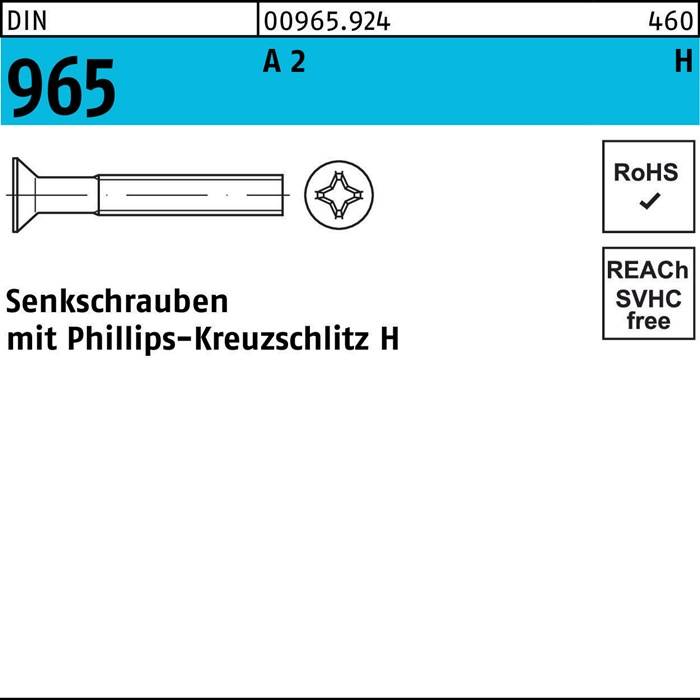Darstellung einer Schraube mit Phillips-Kopf, beschriftet mit '965'. Merkmale: Spezifikationen 'DIN 965', 'A2 70' und Konformitätszeichen 'RoHS' und 'REACH'.
