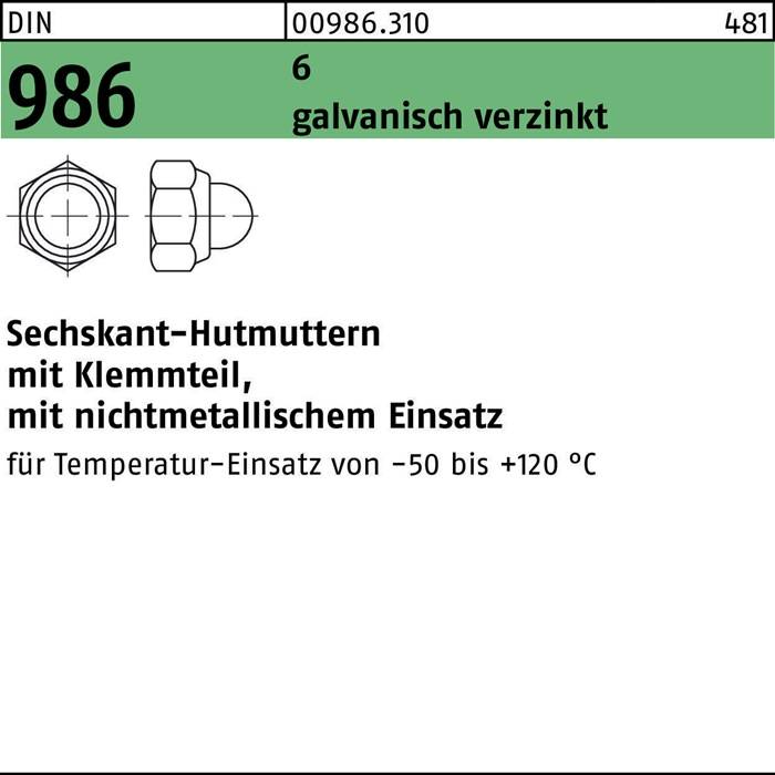 Sechskant-Hutmutter, Artikelnummer 0098.310; Merkmale umfassen Klemmeinlage, Temperaturbereich von -50 bis 120°C.