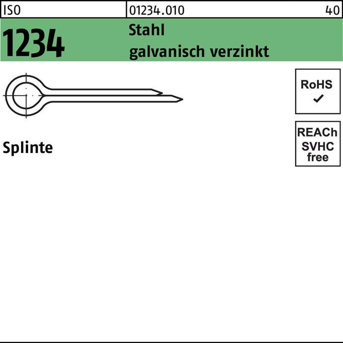 Artikel 1234, feuerverzinkt.' Darstellung eines Pins mit der Bezeichnung 'Splinte', mit RoHS- und REACH-Konformität gekennzeichnet.