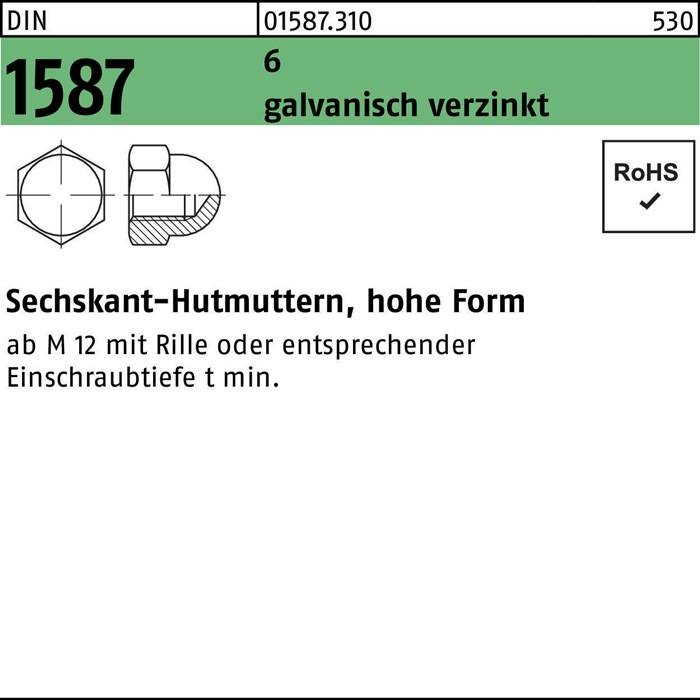Sechskant-Hutmuttern, hohe Form 1587 6 galvanisch verzinkt RoHS