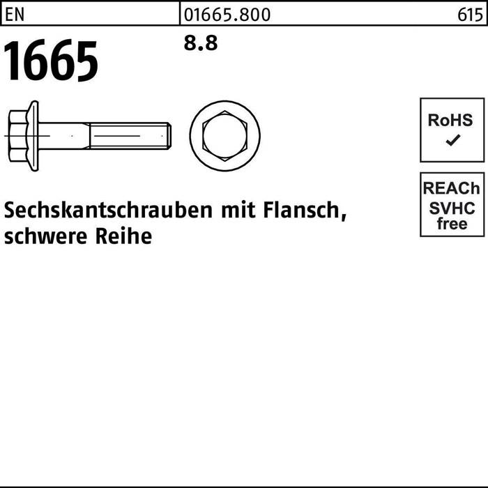 Beschriftete Darstellung eines Bolzens mit Flansch, gekennzeichnet als Heavy-Duty-Serie. Spezifikationen: EN0165.800, 616, 8.8. RoHS-konform, REACH-frei.