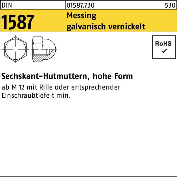 Diagramm einer Sechskant-Hutmutter mit Spezifikationen: DIN 1587, vernickelt. Text besagt 'geeignet für M5-Muttern mit passenden Schrauben'.