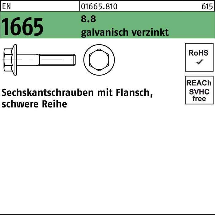 Zeichnung eines Sechskantbolzens, beschriftet mit '1665', '8.8 galvanisch verzinkt'. Text enthält 'Sechskantschrauben mit Flansch', mit 'RoHS'- und 'REACH SVHC'-Kennzeichnungen.