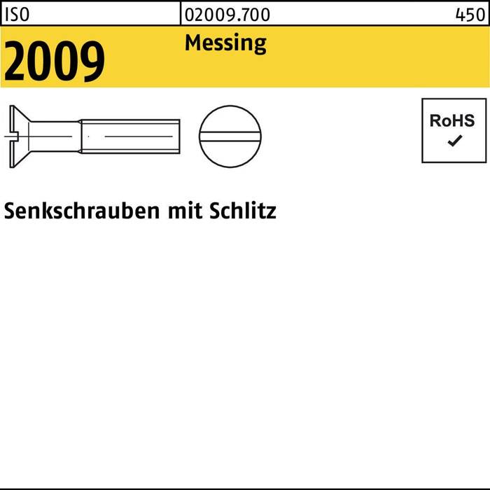 Messing-Schrauben, ISO 2009, mit Schlitzkopf, in einer technischen Zeichnung dargestellt, entsprechend den RoHS-Anforderungen.