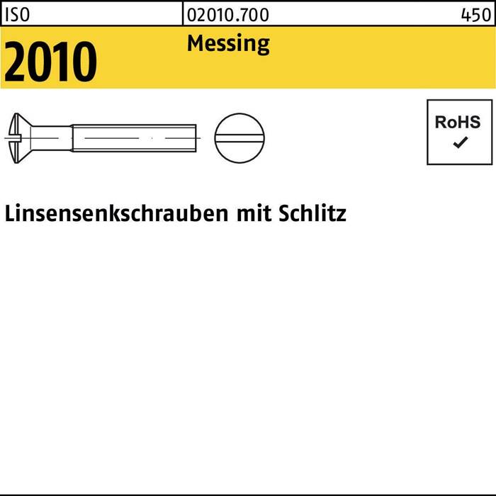 2010 Linsensenk Schrauben mit Schlitz', ISO 450, Material: Messing, RoHS-konform. Abbildung zeigt eine technische Zeichnung einer Schlitzlinsensenkkopfschraube.
