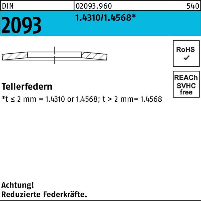 Technische Zeichnung einer Feder mit Spezifikationen und Standards, einschließlich RoHS-Konformität. Beschriftungen zeigen Materialtypen für verschiedene Dicken. Warnung vor reduzierter Federkraft.