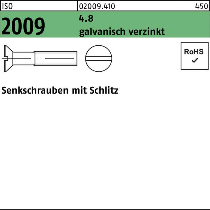 Schlitzschrauben' Diagramm mit Produktcode 2009, mit Querschnittsansicht. Gekennzeichnet als 'galvanisch verzinkt' und RoHS-konform.
