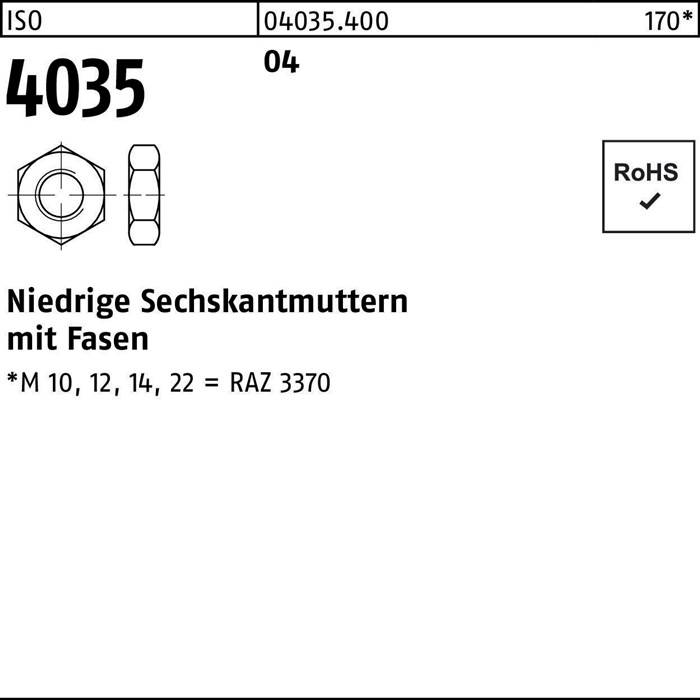 Technische Zeichnung einer Sechskantmutter, beschriftet mit '4035'. Enthält Größen M10, M12, M14, M22. RoHS-konform.