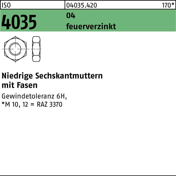 ISO 4035 04 feuerverzinkt' Tabelle mit Sechskantmutter, Abmessungen, metrisches Gewinde M 10, Toleranz 6H, feuerverzinkt, DIN ISO-Norm.