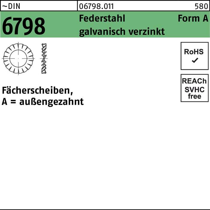 Fächerscheiben aus galvanisch verzinktem Federstahl A = Außenzahngerät. RoHS, REACH SVHC frei. Form A, DIN 6798. 580 Stk.