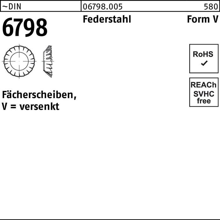 Diagramm einer Scheibe mit Beschriftung 'Fächerscheiben, V = versenkt' mit Teilecode '6798'. Material: Federstahl, RoHS-konform, SVHC geprüft.