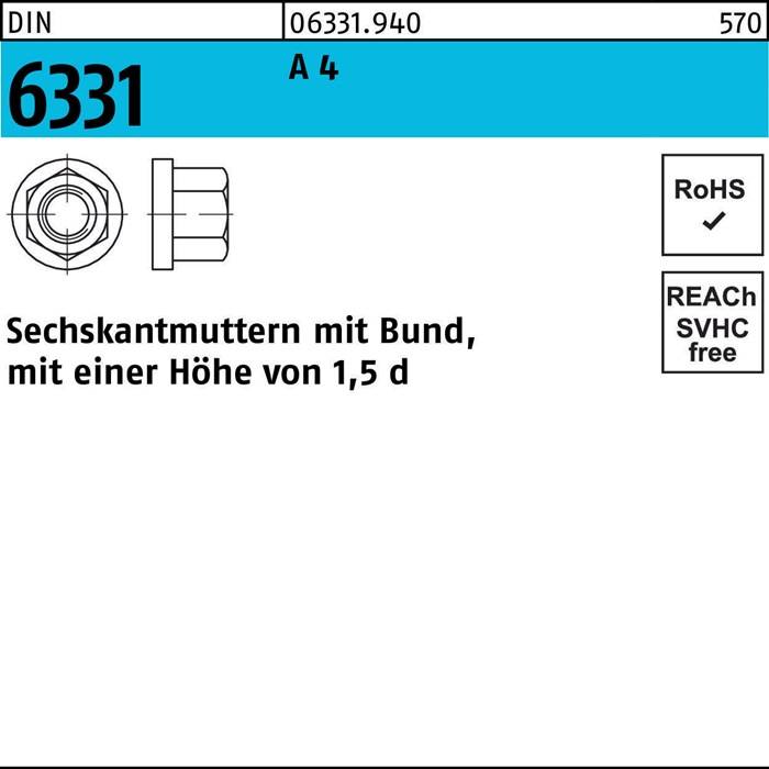 Ein Diagramm einer Sechskantmutter, beschriftet mit '6331 A 1.5'. Beinhaltet Abmessungen und Normlogos, mit dem Text 'Sechskantmuttern mit Bund'.