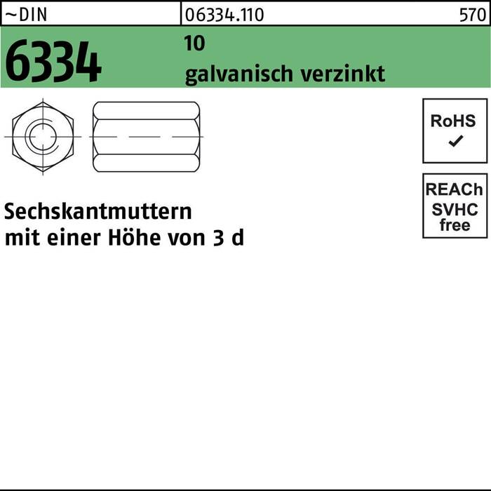 Eine technische Zeichnung einer Sechskantmutter, beschriftet mit 'DIN 6334', 'galvanisch verzinkt'. Enthält RoHS- und REACH-SVHC-Konformitätszeichen.