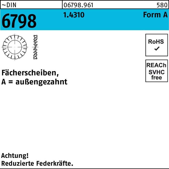 Kreisförmige Scheibe, Illustration mit Kennzeichnung '6798', umgeben von technischen Daten: '1.4310 Form A', 'außengezahnt' und Konformitätslogos, mit einer Warnhinweis auf Deutsch.
