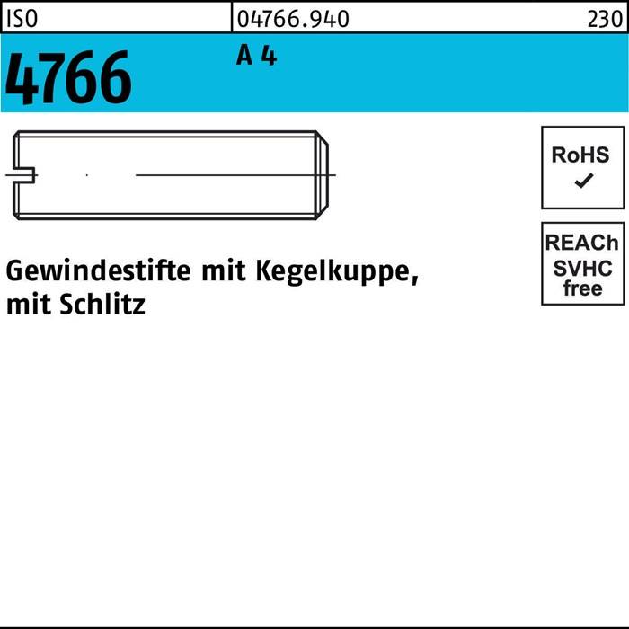 Gewindestifte mit Kegelkupp, Bezeichnung Schlitzkopf-Sechskant-Gewindebolzen, Abmessungen plus ISO 4766:940 RoHS-konform, REACH-Informationen.