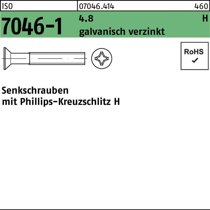 Eine Produktetikette für eine galvanisch verzinkte Schraube, Artikelnummer 7046-1, mit RoHS-Konformität, enthält eine detaillierte Schraubenzeichnung.