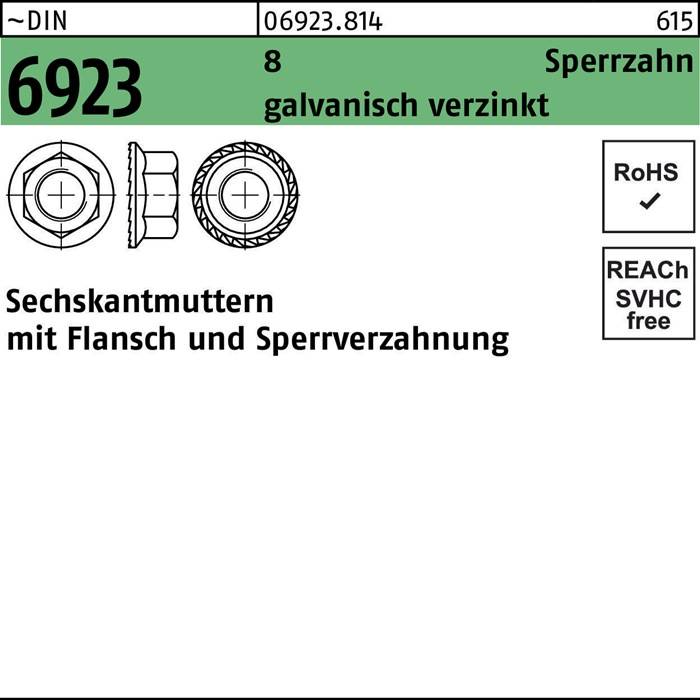 DIN 6923 Sechskantmuttern, verzinkt mit Bund und Sicherungsverzahnung, RoHS und REACH SVHC frei.