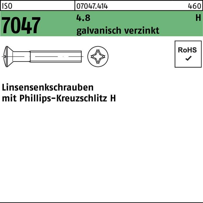 Ein Katalogeintrag für eine Linsengewindeschraube, Größe 7047 mit Kreuzschlitz (Phillips-Kopf), verzinkt. RoHS-konform.