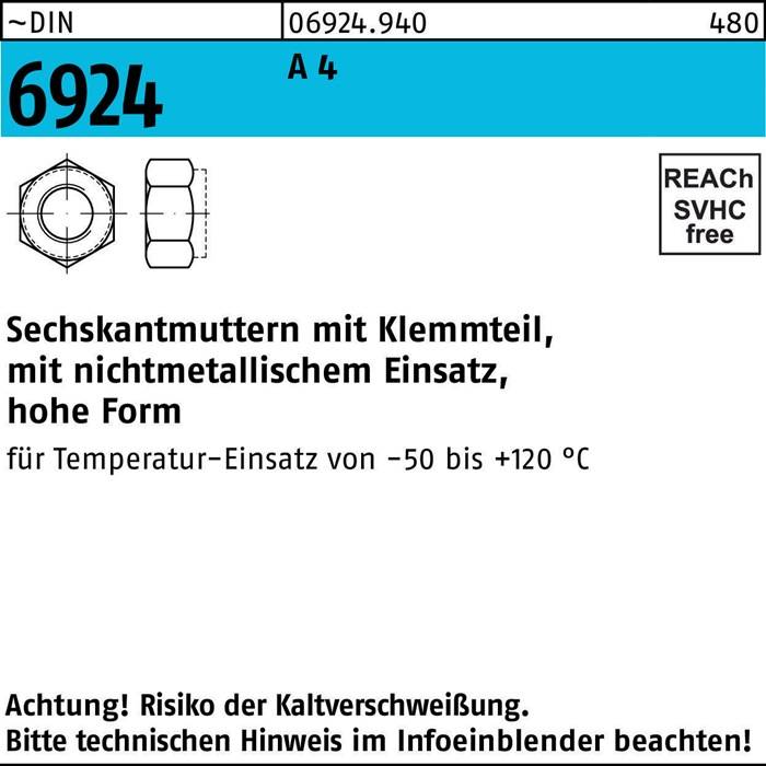 Technische Zeichnung einer Sechskantmutter mit Text: 'Sechskantmutter mit Klemmteil, hohe Temperatur-Einsatz von -50 bis +120 °C. SVHC Frei.