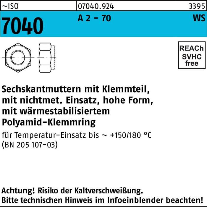 Sechskantmutter ISO 7040 Klemmteil M10 A 2 - 70 brauner Ring 100 Stück
