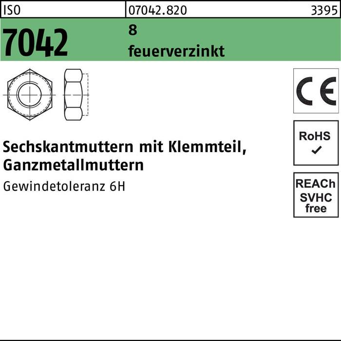 Sechskantmutter mit Klemmstück, feuerverzinkt, Gewindetoleranz 6H. Konformitätssymbole: RoHS, SVHC-frei.