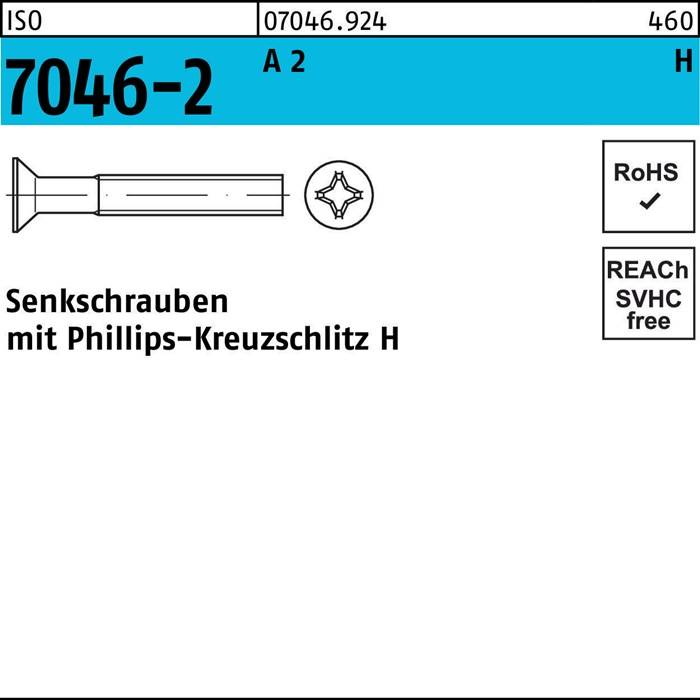 Artikel '7046-2': Senkschrauben mit Phillips-Kreuzschlitz H. Merkmale umfassen RoHS-Konformität und REACH SVHC-Freiheit.