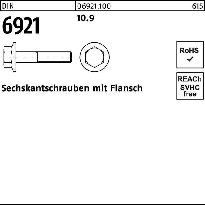 Sechskantschraube mit Bund, Produktcode 06921.100615, gekennzeichnet als konform mit RoHS und REACH. Festigkeitsklasse 10.9.