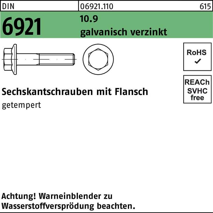Beschriftetes Bild, das eine Schraubenmutter mit Flansch unter dem deutschen Titel 'Sechskantschrauben mit Flansch' zeigt, mit Hinweisen zur Zinkbeschichtung und REACH-Konformität.