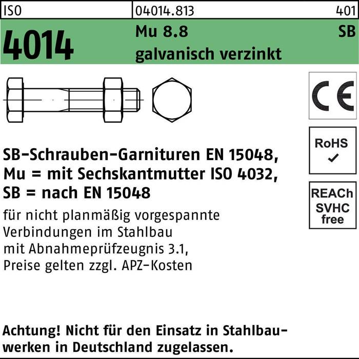 Sechskantschraube ISO 4014 Schaft/Mutter M20x170 Mu 8.8 galv.verz. SB 10St.