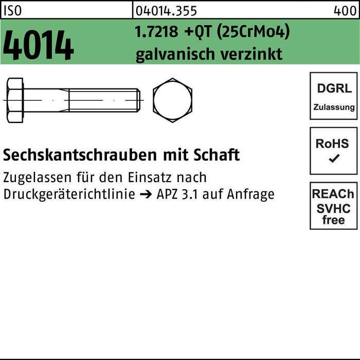Sechskantschrauben mit Schaft, zugelassen für Druckgeräterichtlinie, Anfrage APZ 3.1. Etiketten umfassen 'DGRL', 'RoHS', 'SVHC'.