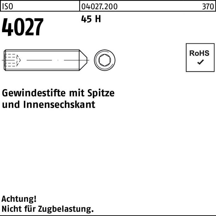 Gewindestifte mit Spitze' mit einem Sechskantschrauben-Bild dargestellt. Als RoHS-konform gekennzeichnet. Hinweis unten: 'Nicht für Zugbelastung.