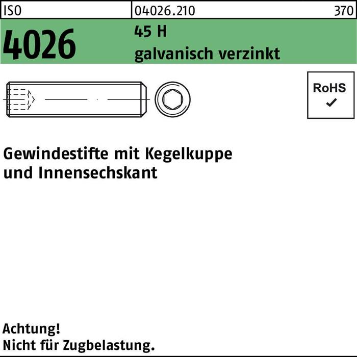 4026' Produktspezifikation gekennzeichnet mit 4,5 H, passend für 370, ISO-Standard, erwähnt 'RoHS'-Konformität, warnt 'Achtung! Nicht für Zugbelastung.