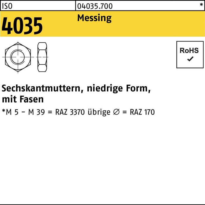Sechskantmutter ISO 4035 niedrig Fasen M8 Messing 100 Stück