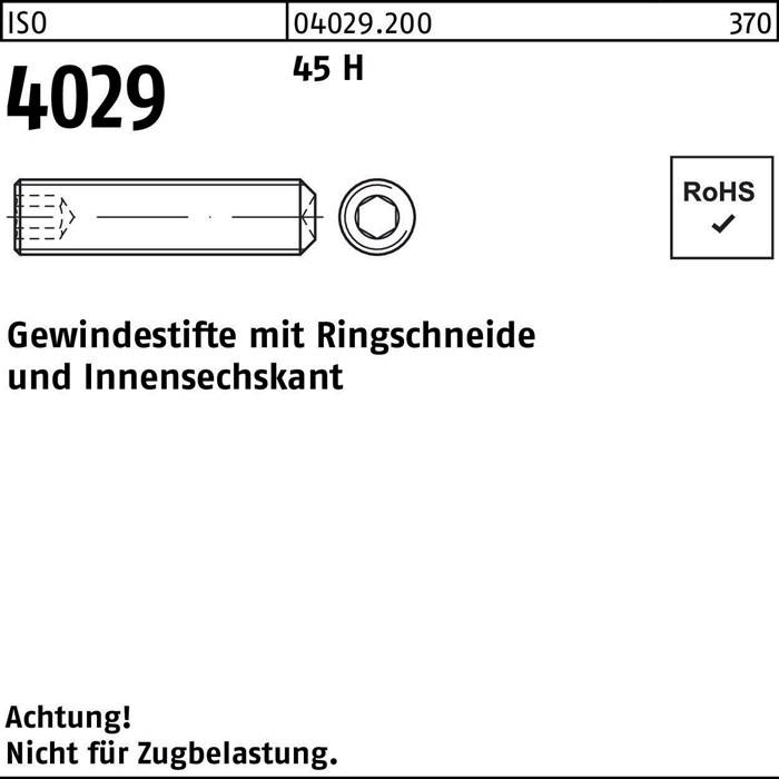 Gewindestifte mit Ringschneide' mit einer Abbildung eines Gewindestifts und einer Sechskantmutter. Symbole zeigen RoHS-Konformität. Text warnt: 'Achtung! Nicht für Zugbelastung.