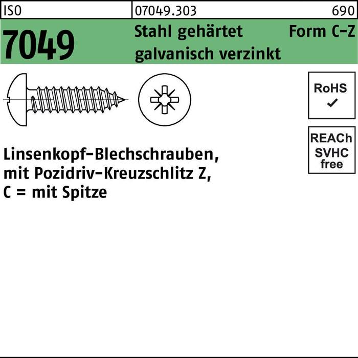 Schraube mit Spezifikationen: 'Gehärteter Stahl', 'Zink', 'Form C = Z', 'RoHS', 'REACH-konform', Linsensenkkopf, Pozidriv-Schlitz, mit Spitze.