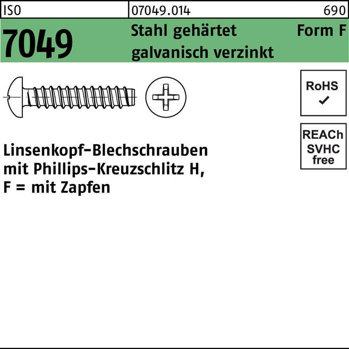 Beschriftung für eine Schraube: '07049.014', Typ 'Form F', 'Zahlt gehärtet, galv. verzinkt'. Linsensenkkopf-Kreuzschlitz-H-Schraube mit Spezifikationen.
