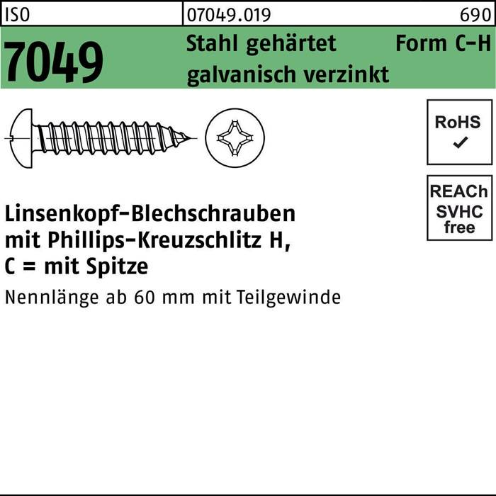 Stahl gehärtet, galvanisch verzinkt, Linsenkopf-Blechschrauben mit Phillips-Kreuzschlitz H, Nennlänge ab 60 mm mit Teilgewinde.