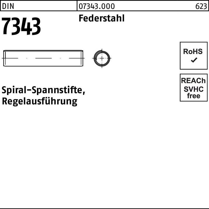 Technische Zeichnung eines Spiralspannstifte aus Federstahl. Text lautet 'Spiralspannstifte, Regelausführung'. RoHS- und REACH-konform.