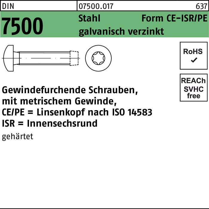 DIN 7500 Innensechskantschraube, RoHS- und REACH-konform, gehärteter Stahl, metrisches Gewinde nach ISO 14583.