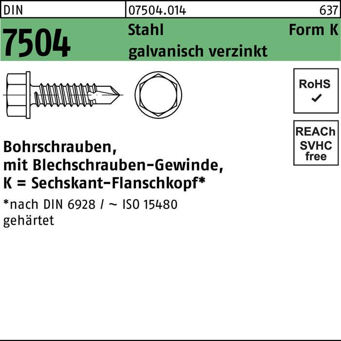 Eine detaillierte Zeichnung einer Stahlschraube nach DIN 6928, mit der Bezeichnung 'Bohrschrauben', mit Maßangaben und Merkmalen. Der Text zeigt an, dass sie verzinkt ist.