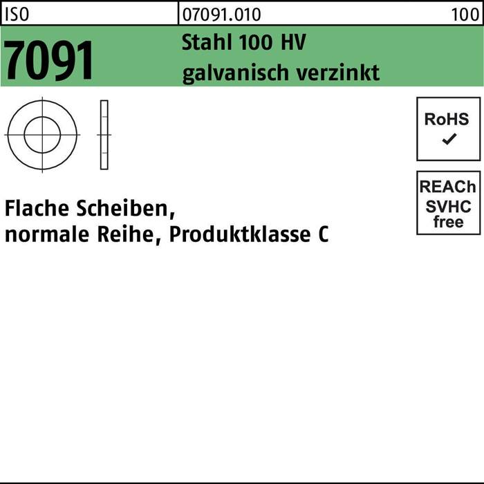 Flache Scheiben, normale Reihe, Produktklasse C, Stahl 100 HV, galvanisch verzinkt' mit RoHS- und REACH-konformen Symbolen.