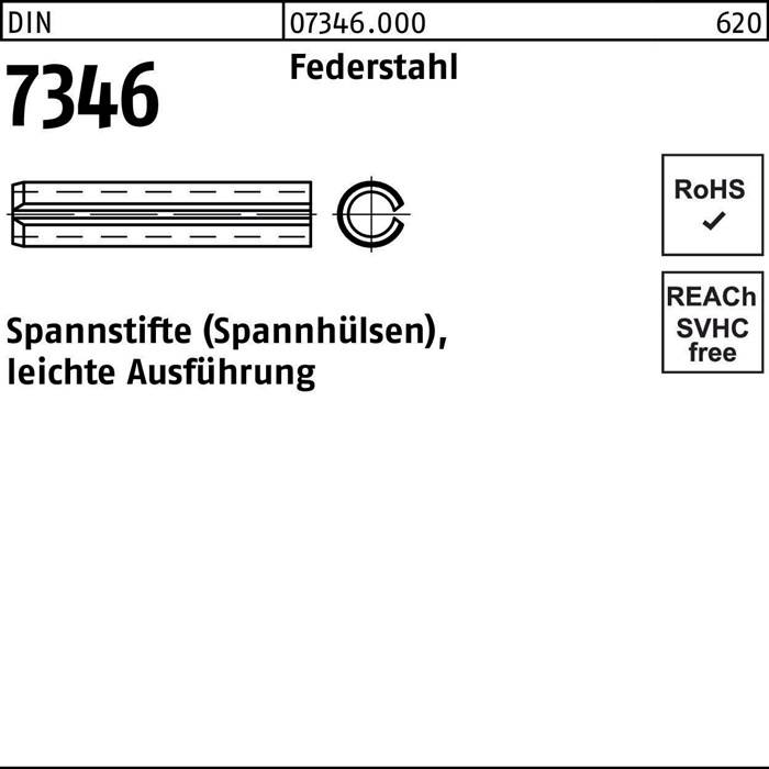 Das Bild zeigt Spezifikationen für '7346 Federstahl Spannstifte (Spannhülsen), leichte Ausführung', einschließlich RoHS- und REACH-Konformitätszeichen.