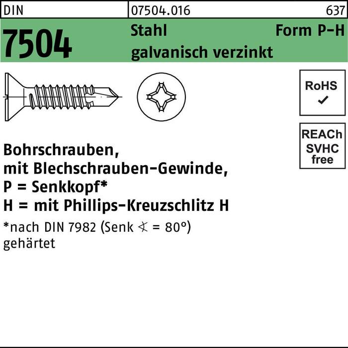Selbstschneideschraube, DIN 7504, mit Kreuzschlitz, Stahl, verzinkt; RoHS- und REACH-konform. DIN 7982 erwähnt.