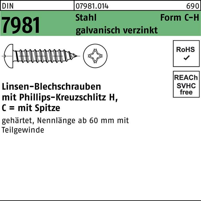 Philips-Senkkopfschrauben für Blech, teilweise gewindet, Nennlänge 60 mm, verzinkt, mit Konformitäts- und Standardsymbolen