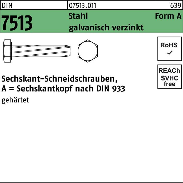 DIN 7513 Sechskant-Blechschraube, Stahl, verzinkt. RoHS- und REACH-konform.